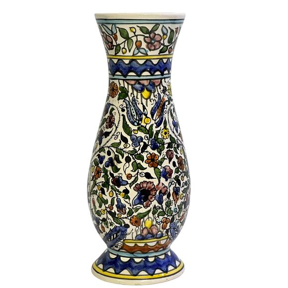 Israeli Pottery 12" Hand Painted Vibrant Glazed Floral Geometric Art Vase - Picture 1 of 8